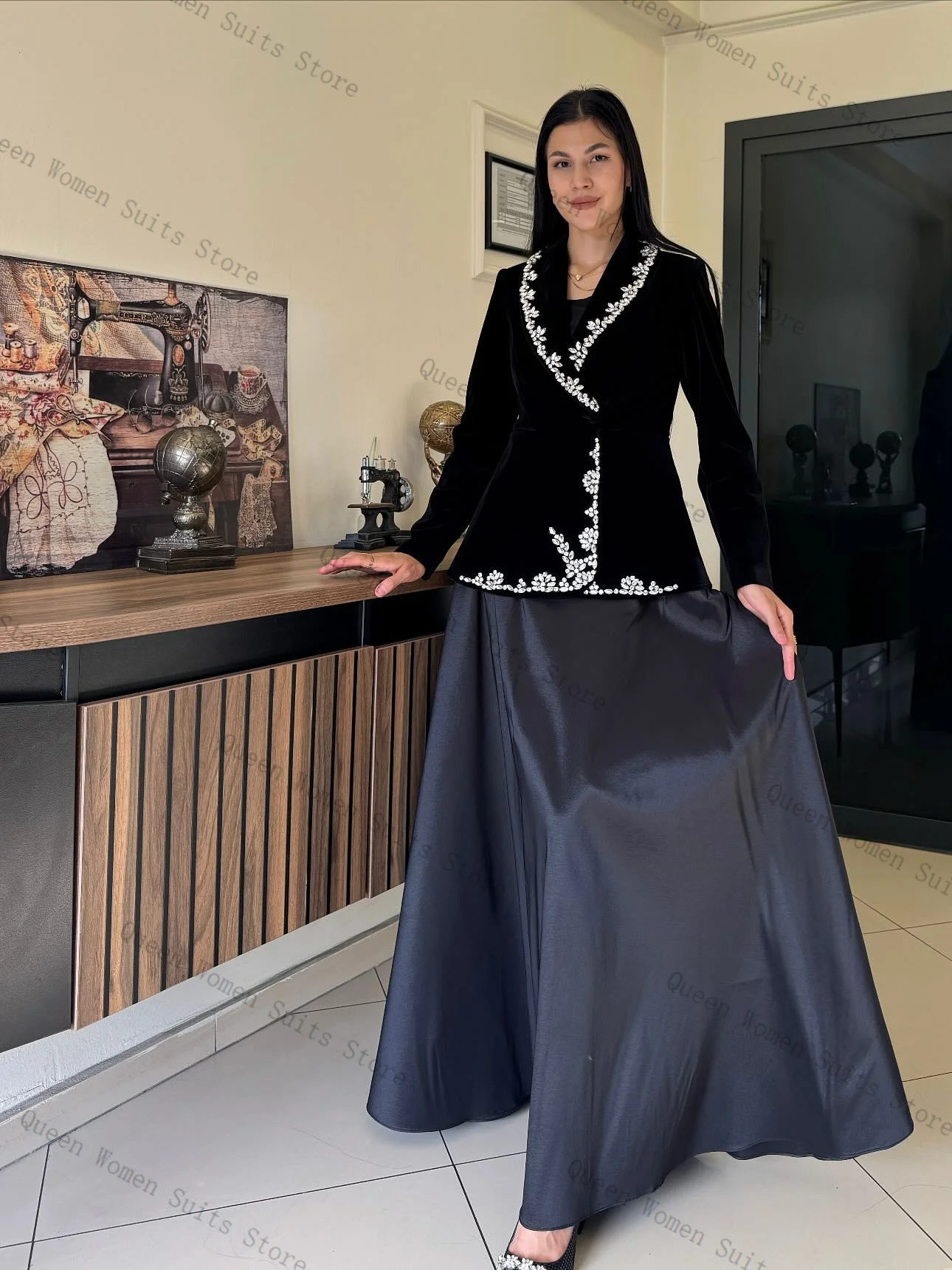 Fluwelen vrouwen pak rok set 2-delige kristallen blazer + prom jurk formeel kantoor dame jas herfst bruiloft gast jas aangepast