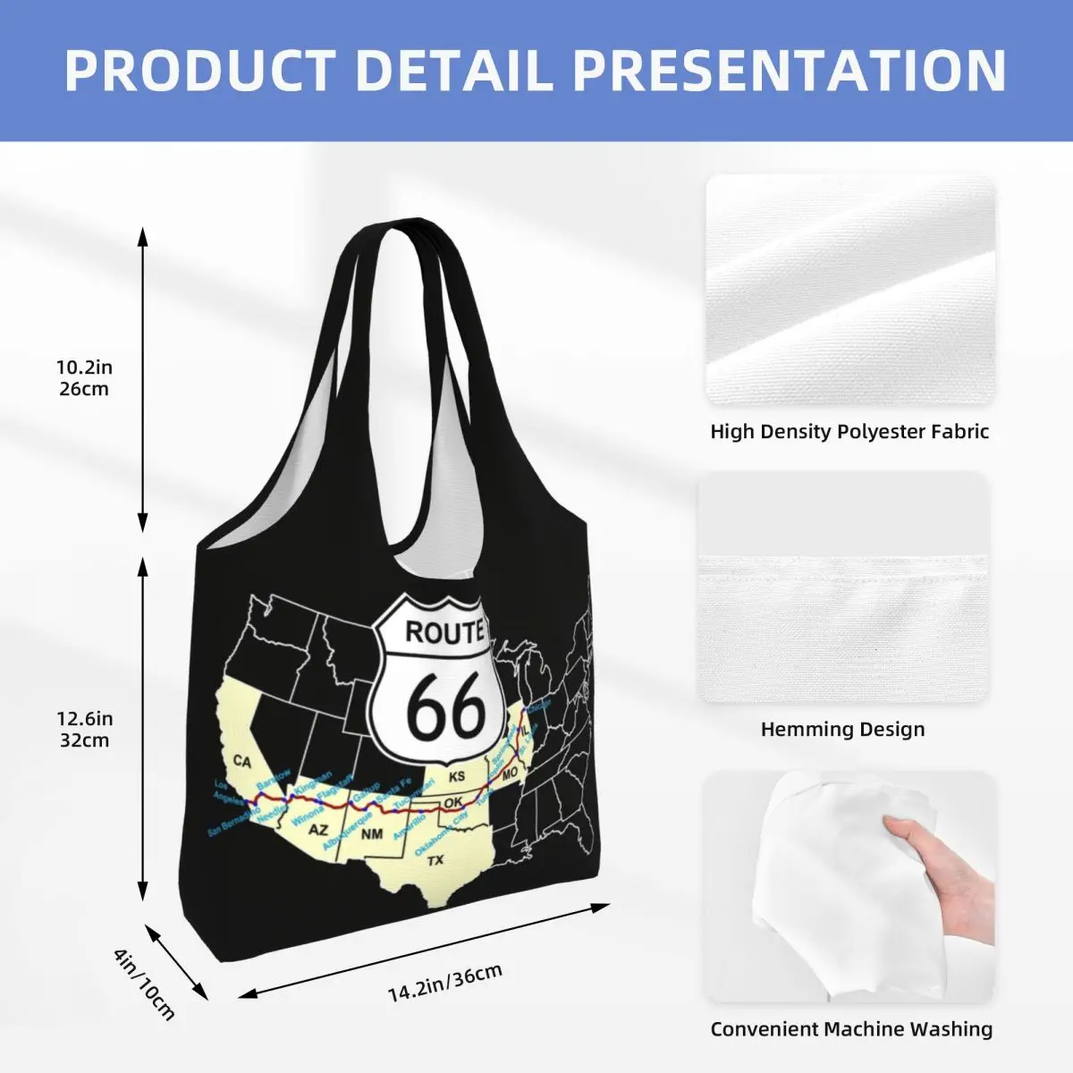 Funny Print Route 66 Map Shopping Tote Bag Durable Canvas Shoulder Shopper USA Highways Bags Photographer Handbag