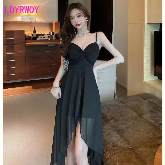 Slip skirt irregular chiffon panels, V-neck low-cut nipped-in waist dress, beach resort maxi dress