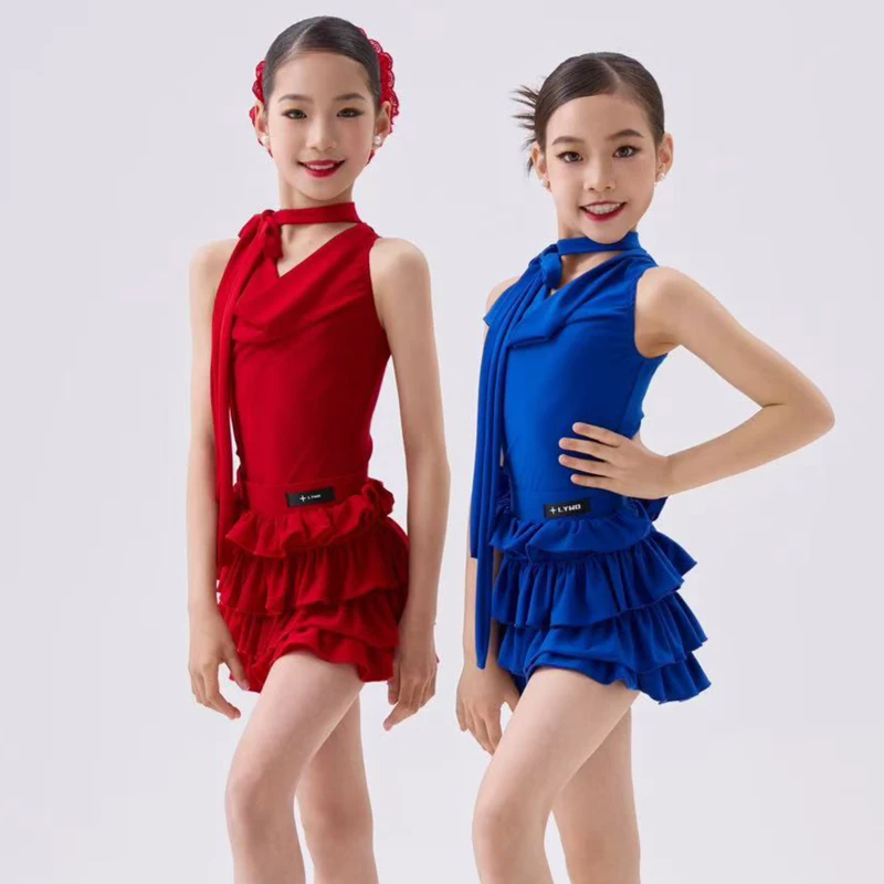 

2025 Red Blue Latin Dance Competition Dresses Girls Samba Rumba Latin Dance Dress Kids Performance Dancing Costume SL12387