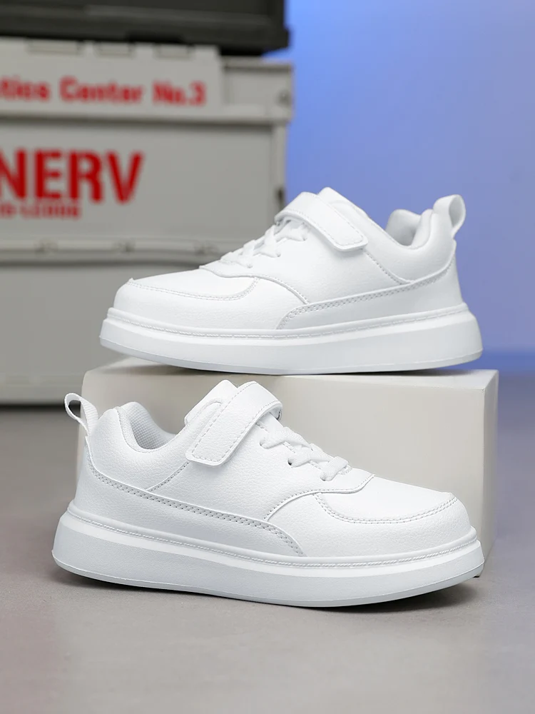 Kids White Black Leather Sneakers Hook & Loop Low‑top Board Shoes Waterproof Flat Sole Boys Girls School Casual Sports Shoes