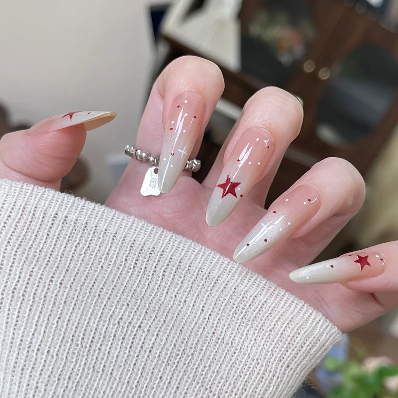 

24PCS Sweet Nude Gradient French Press on Nails Red Star Patterns Cat Eye Long Almond Fake Nails for Women Wearable Gel Nail Tip