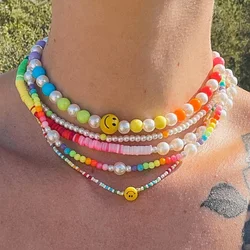 Y2K Flowers Charms Pearl Choker Necklace For Women Boho Colorful Beaded Clavicle Chain Short Necklaces Jewelry Gift 2024
