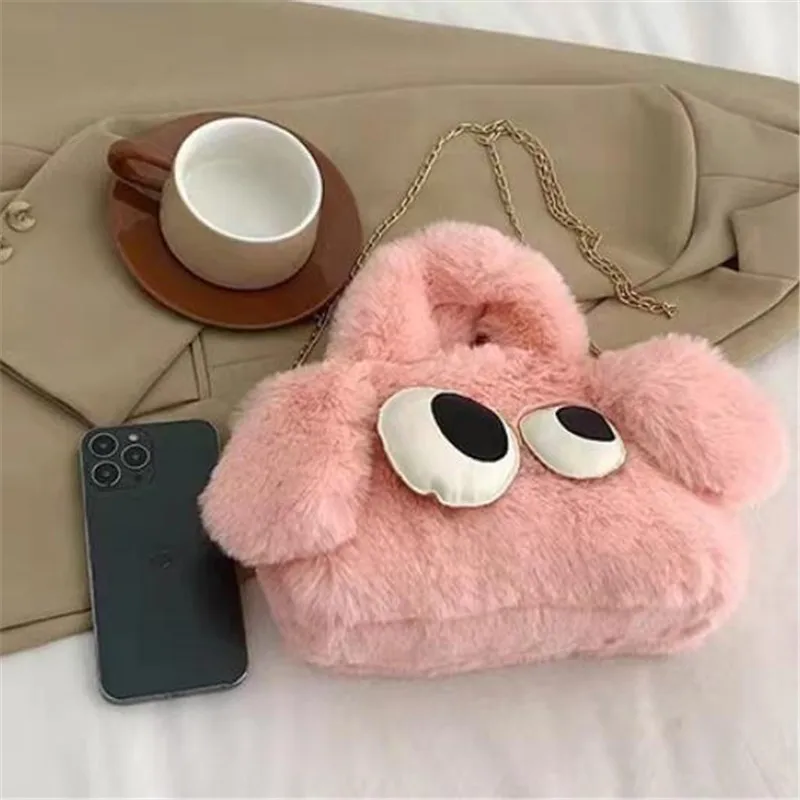 Kawaii Big Eye Plush Crossbody Handbag,Solid Color Embroidered Imitation Wool Tote Bag & Purse for Women - Cartoon Theme