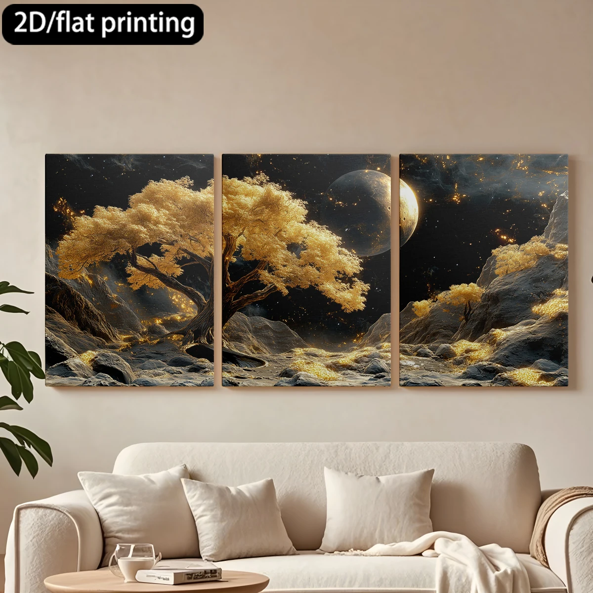 

Набор из 3 картин на холсте в деревянной раме: Декоративная живопись с золотыми листьями, космический пейзаж. Украшение для коридора и спальни.