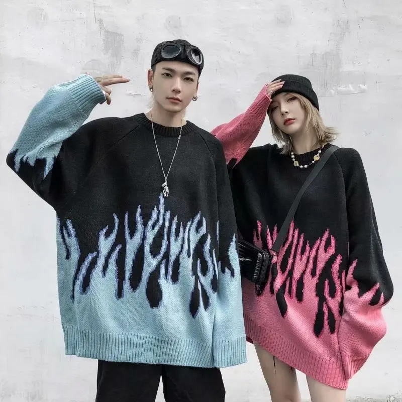 Hip Hop Mens Streetwear Harajuku Knitted Sweater Blue Fire Flame 2022 Autumn Sweater Pullover Loose HipHop Retro Vintage