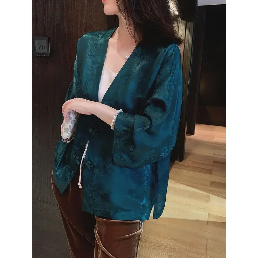 

2024 new chinese style elegant v neck traditional tang suits blouse women vintage floral lady jacquard hanfu blouse top a786