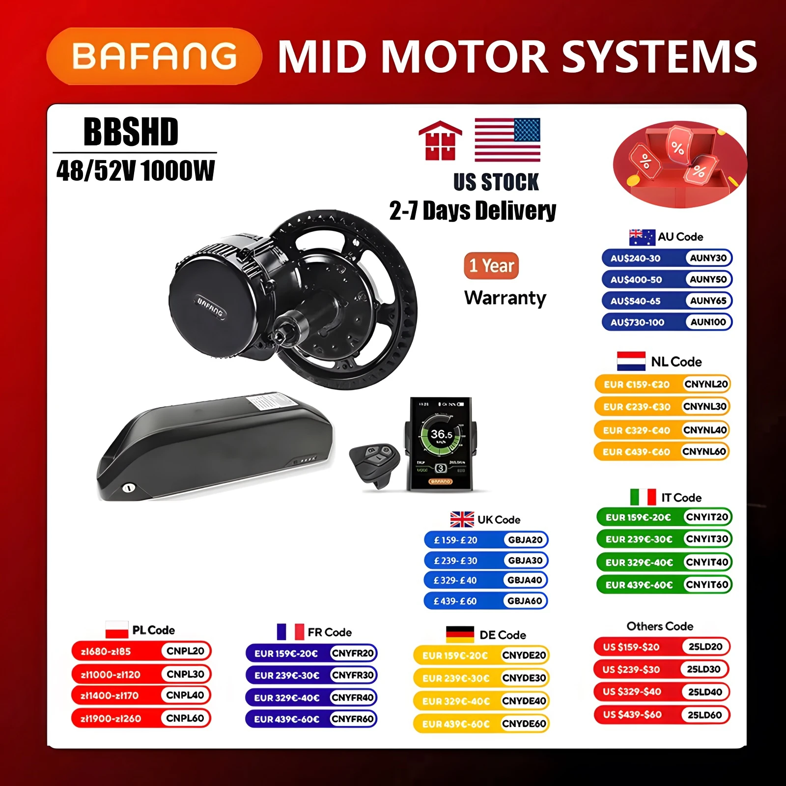 Bafang Motor 48V 52V 1000W BBSHD Electric Mid Drive Motor Electric Bicycle Ebike Conversion Kits With13AH 20AH Lithium Battery