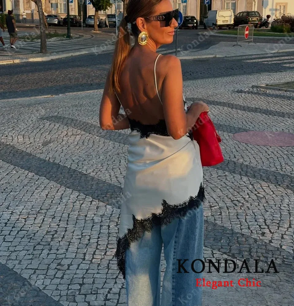 KONDALA Women Elegant Luxury Dress Lace Asymmetrical Suspender Dress New 2025 Spring/Autumn Fashion Party Hot-Sexy Mujer Dress