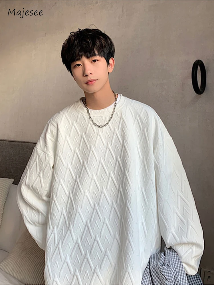 Solid Sweatshirts Men Textured Simple Japanese Preppy Style Stylish Teens Leisure Daily Advanced Baggy Couple Warm Comfortable