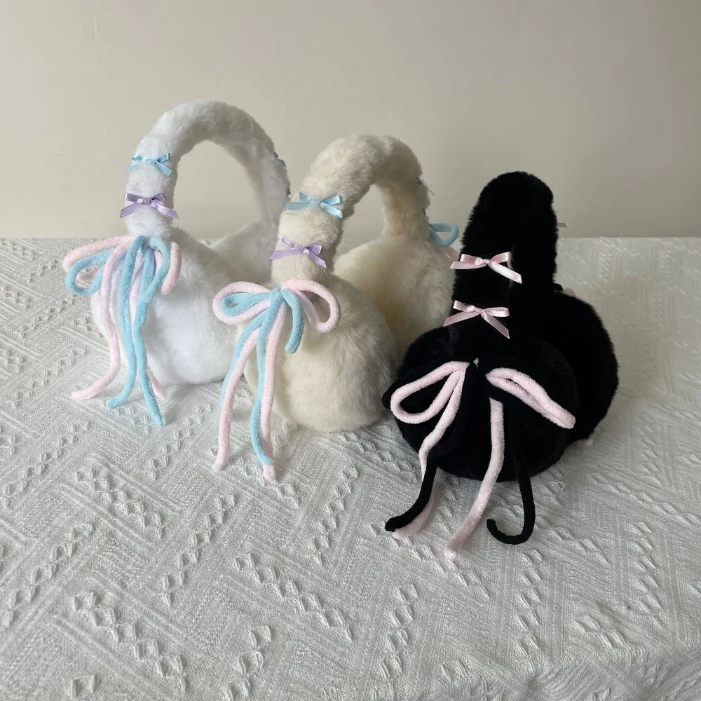 Trendy Earflap Bowknot Earmuffs Faux Rabbit Fur Soft Winter Ear Warmer Thicken Cold Protection Plush Ear Cover Girls