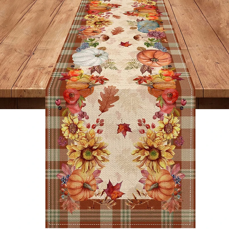 Autumn Table Table Flag Home Kitchen Decoration Pumpkin Sunflower Plaid Cafe Restaurant Rustic Farm Linen Table Table Flag