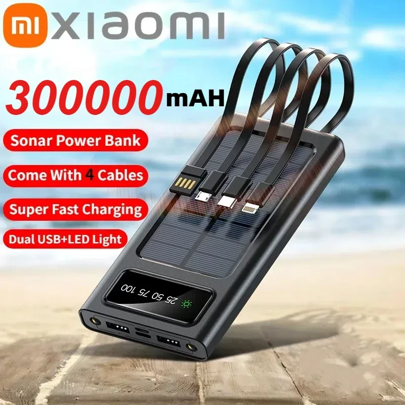 

Xiaomi 300000mAh Solar Power Bank Large Capacity Mobile Power Fast Charging Battery With Dual USB 4 Cables For iPhone Samsung