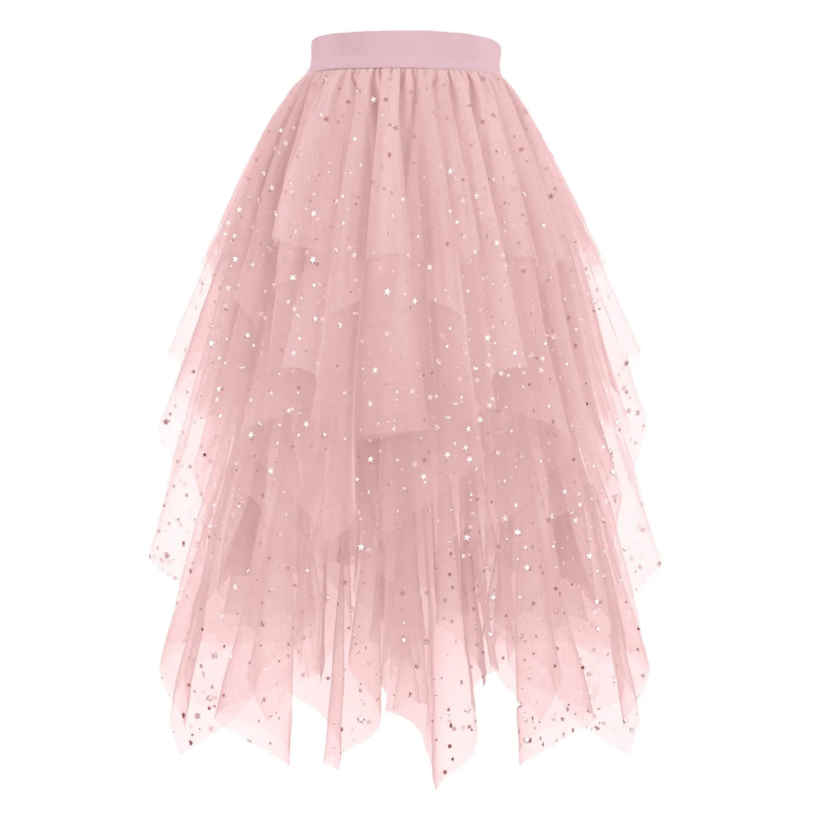 Women Layered Tulle Skirts High Low Layered Puffy Fairy Style A Line Midi Skirt Lrregular Tulle Fashion Elastic Waist Tutu Skirt