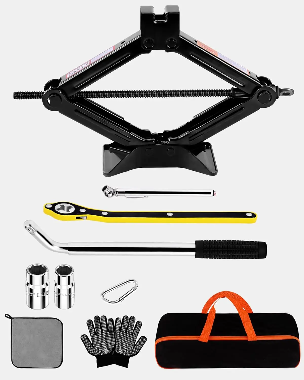 

1,5-тонный ножничный домкрат с инструментом для гайки с проушиной, ключом с храповым механизмом и манометром для экстренного комплекта