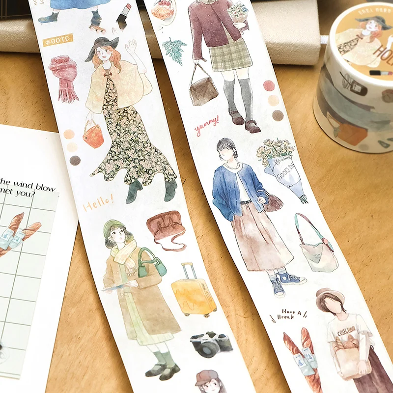 40mm*300cm Today’s Outfit Diary Series Literary Character Landscaping Washi Tape Creative DIY Journal Collage Decor Stationery