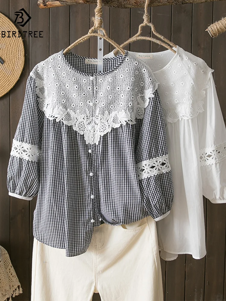 New Summer Cotton 3/4 Sleeve Shirt O Neck Embroidery Plaid Top Mori Girl Casual Sweet Loose Retro Blouse 2024 Autumn T46451QM