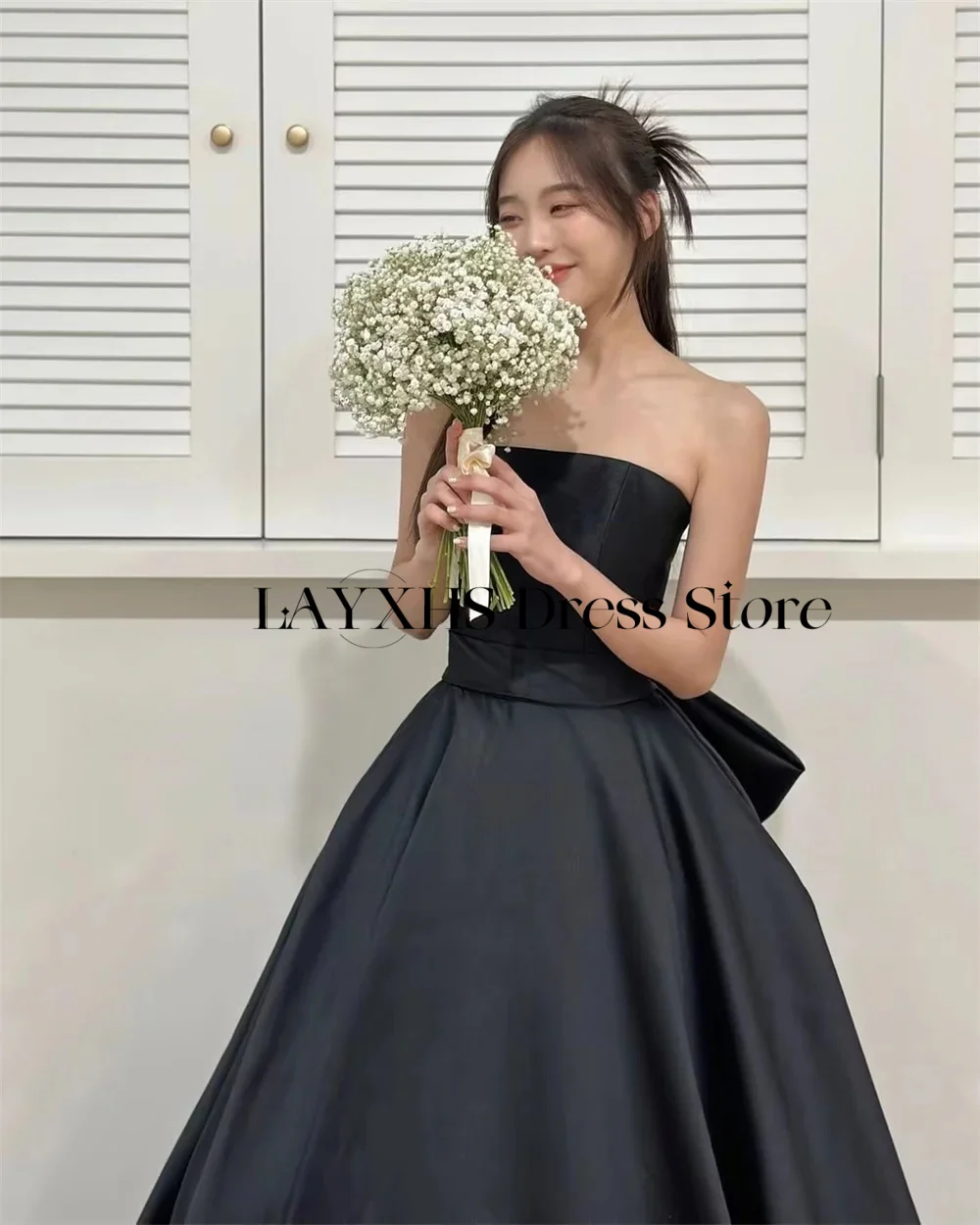 Elegant Black Satin A line Long Evening Dresses with Bow Strapless Korea Wedding Photo Shoot Party Dress Corset Customized 2026