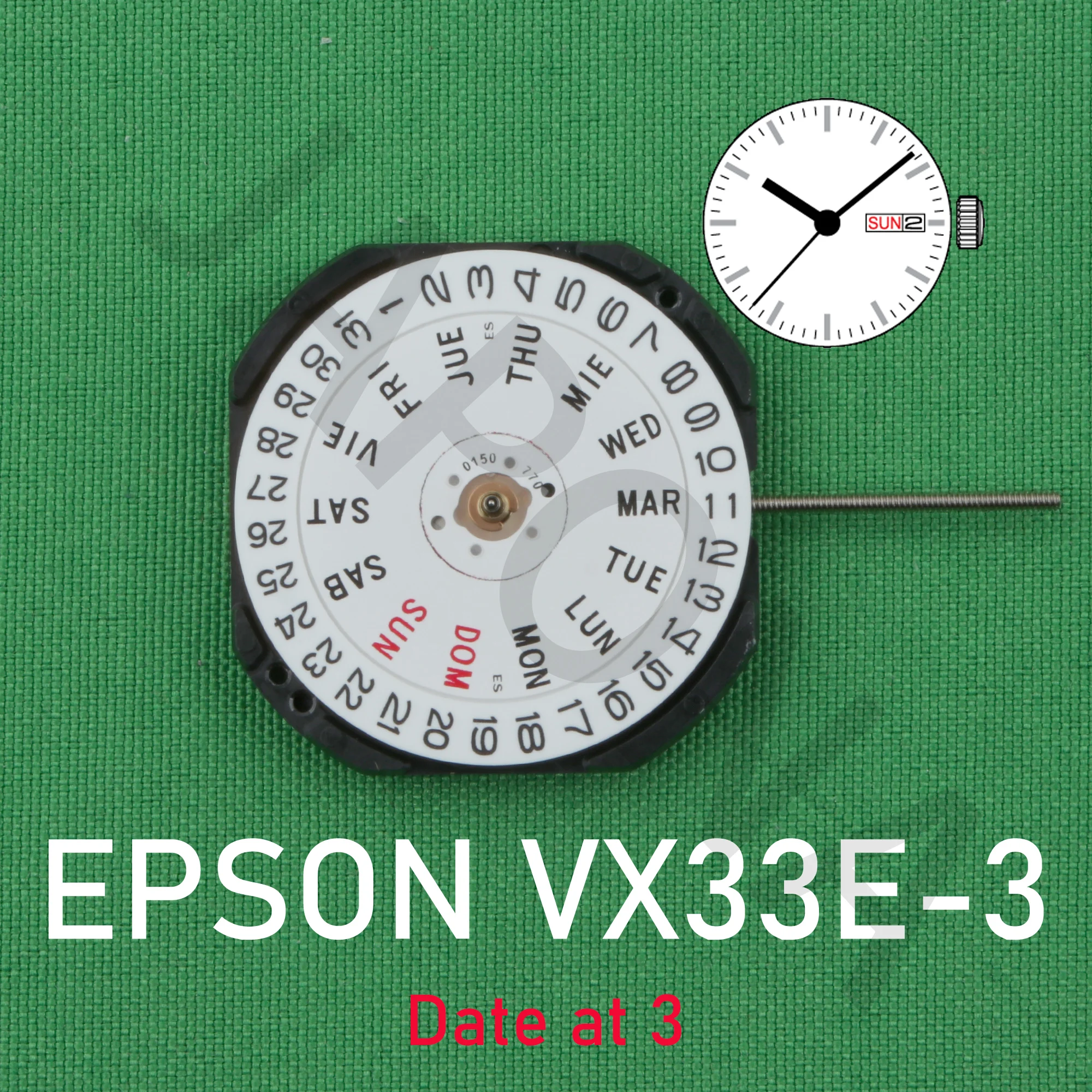 Movimiento EPSON VX33 con indicador de fecha Movimiento japonés VX33E Calendario de tres manecillas Fecha Movimiento de cuarzo de metal VX33E-3