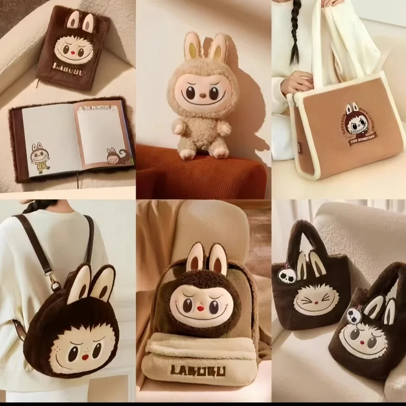 2024 Genuine Monster Labubu Large Capacity Lamb Wool Backpack Anime Peripheral Fashion Flip Bag Labubu Dolls Tote Bag Girl Gifts