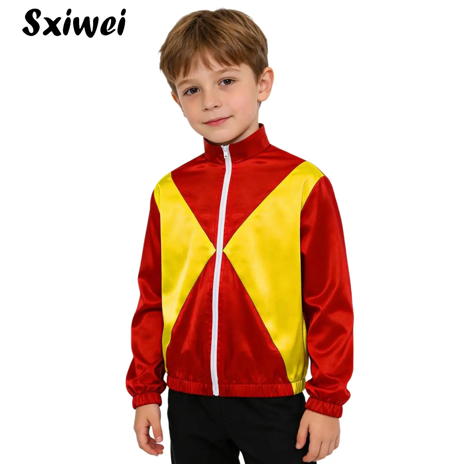 

Boys Horse Riding Trainer Jacket Costume Color Block Long Sleeve Zipper Satin Outwear Halloween Equestrian Circus Cosplay Coat