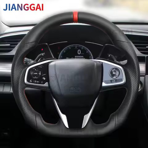 Leather Steering Wheel Red Ring For 2016-2021 HONDA CIVIC Gen 10th Type-R FK8 Black Smooth Leather Steering Wheel D-Shape
