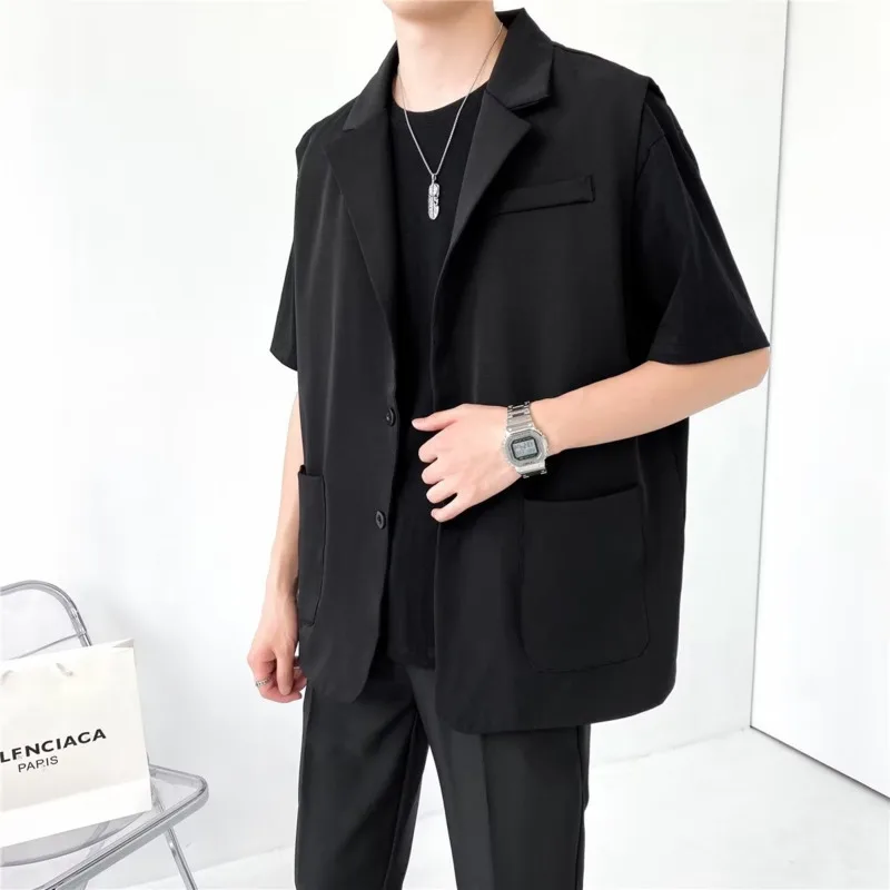 Grey Black Suit Vest Men Fashion Social Mens Dress Vest Korean Loose Sleeveless Blazer Mens Jacket Office Formal Vest M-2XL