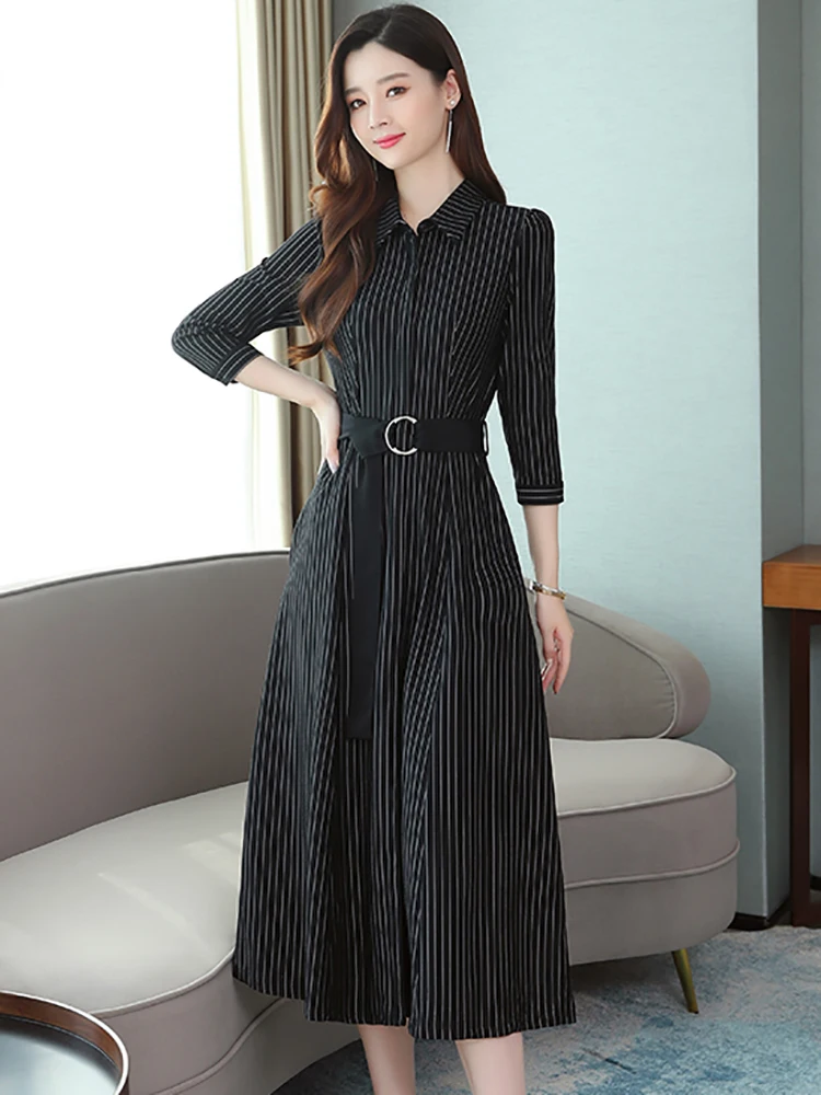 Spring Autumn Black Striped Runway Midi Dress Women Fashion Polo Collar Office Lady Dress 2024 Elegant Bodycon Party Night Dress