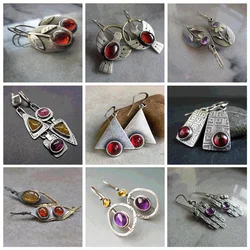 New Large Geometric Metal Dangle Earrings For Women Purple Stone Asymmetrical Earring Female Retro Jewelry Free Gift Wholesale