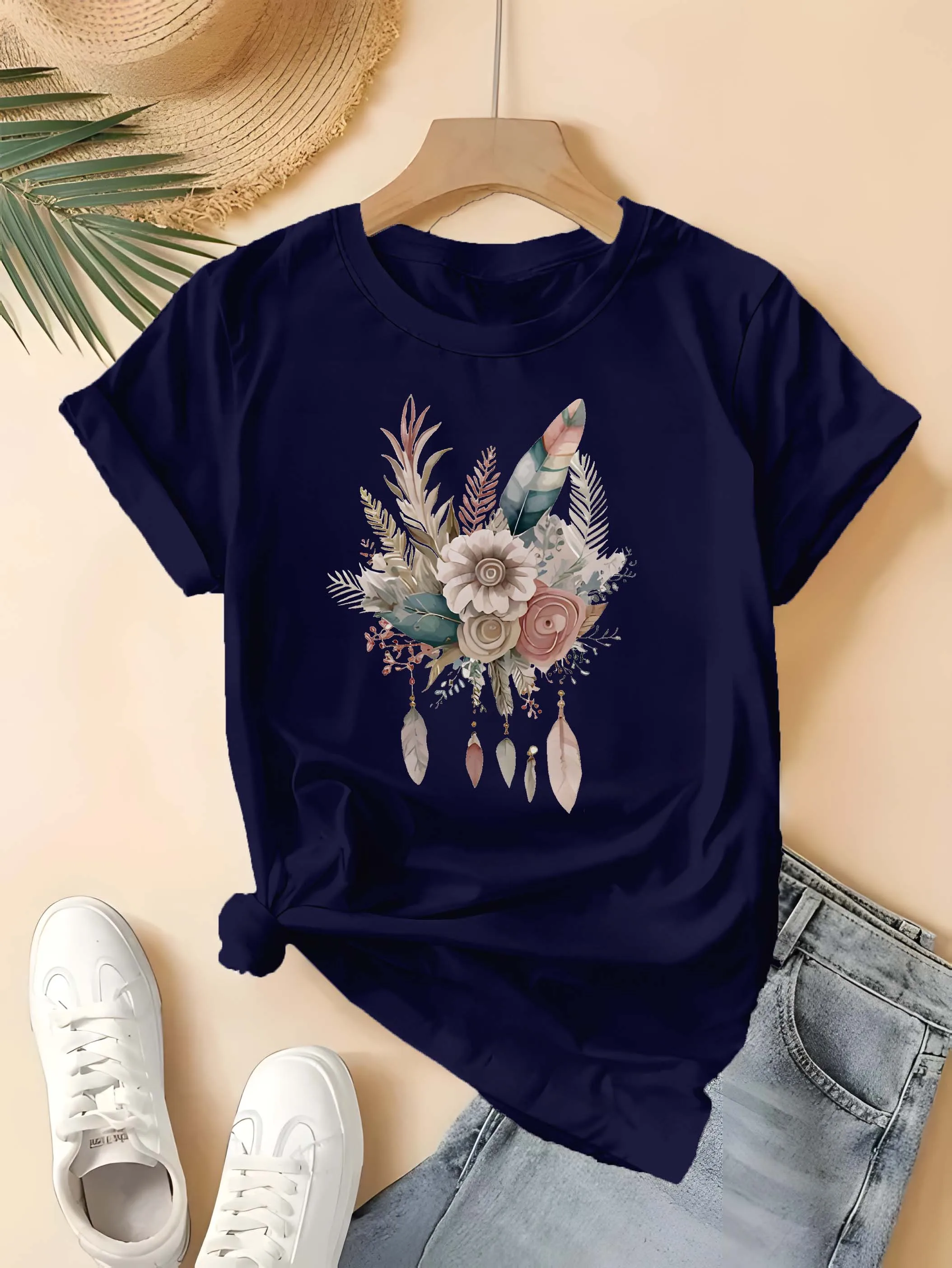 

Plus Size Boho Feather Floral Tee Women's Elegant Fashion Top with Dreamy Botanical Feather Motif for Chic Daily Looks