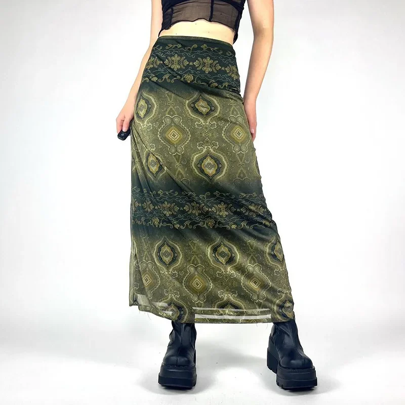 Mori vintage printed skirt national ethos high waist slim slim A-line package buttock gauze long dress female