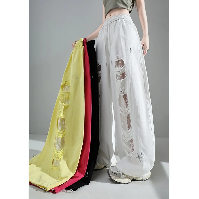 Summer 2026 New Style Casual Pants High Waist Wide Leg Loose Fit Two-Way Wear Lace Splicing Bent Knife Pants Fashion Embroidery