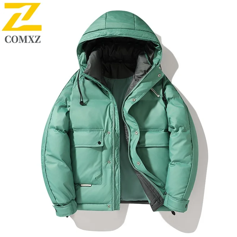 COMXZ Men Down Short Jacket Hooded Collar Commute Office Lightweight Puffer Coat Trendy Travel Cold Protection Warm Winter Coat