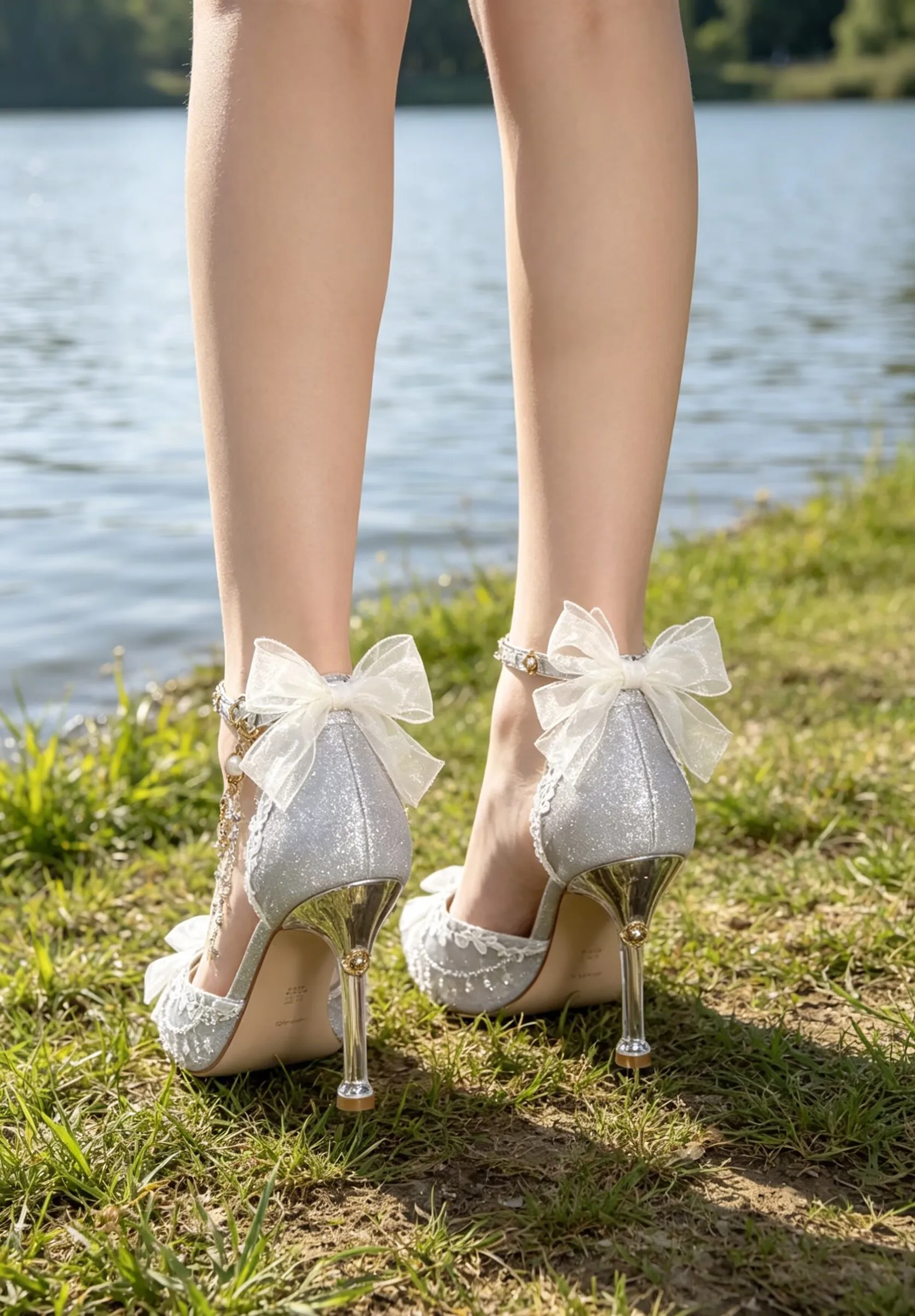Silver Glitter Wedding Bridal High Heels Women Pointed Toe Bow Rhinestone Pearl Ankle Strap Stiletto Elegant Party Banquet Prom view 5