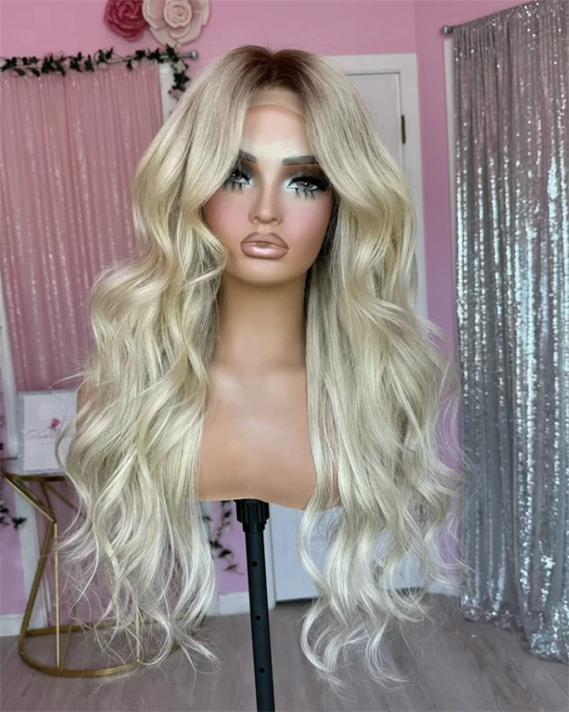 

Long Body Wave Wig Highlight Omber White Blonde Synthetic Lace Front Wig For Women Pre Plucked Hairline Smooth Unkotted Wig