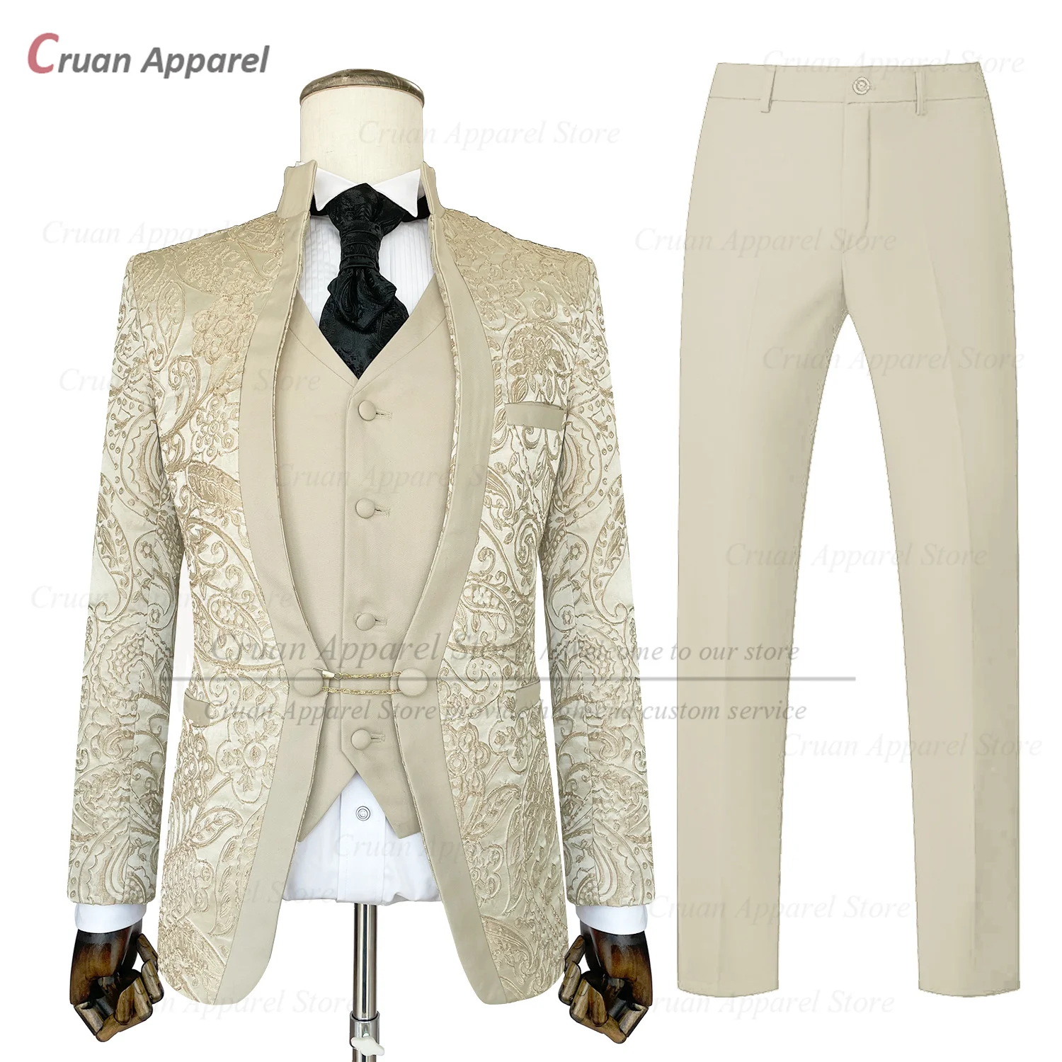 Luxury Men Suit Sets Evening Dinner Fashion Stand Collar Blazer Vest Pants Three Pieces Banquet Tailor-made Slim Fit Costumes