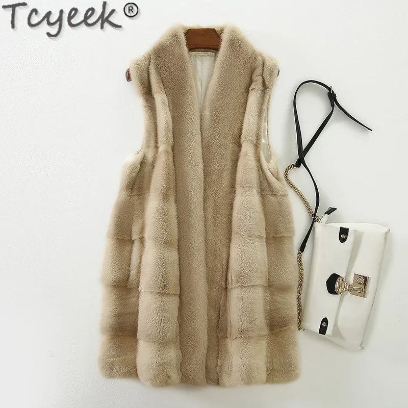 Tcyeek-chalecos de piel de visón Natural para mujer, abrigo de piel Real a la moda, chaqueta sin mangas de Invierno para mujer, Chaleco de cuello en