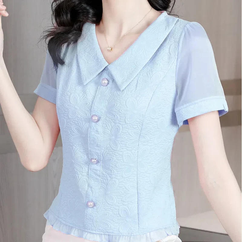 Blus tambal sulam kancing ramping elegan, pakaian kantor wanita mode Vintage berlipat pendek polos baru musim panas