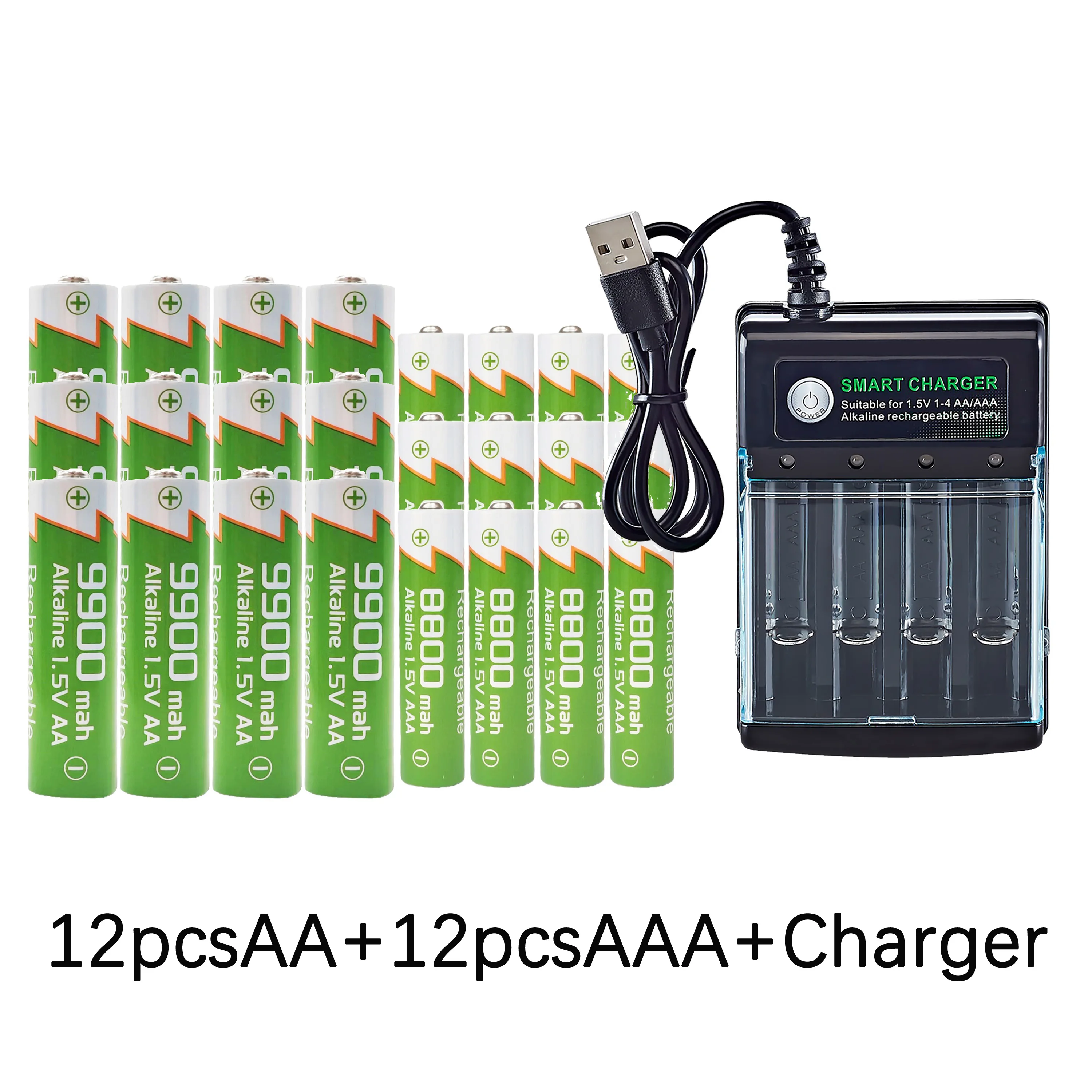 مجموعة بطاريات قلوية قابلة لإعادة الشحن بقوة 1.5 فولت: AA 9900 مللي أمبير في الساعة وAAA 8800 مللي أمبير في الساعة مع شاحن USB، شحن مجاني لجهاز التحكم عن بعد/اللعبة/الكاميرا #4