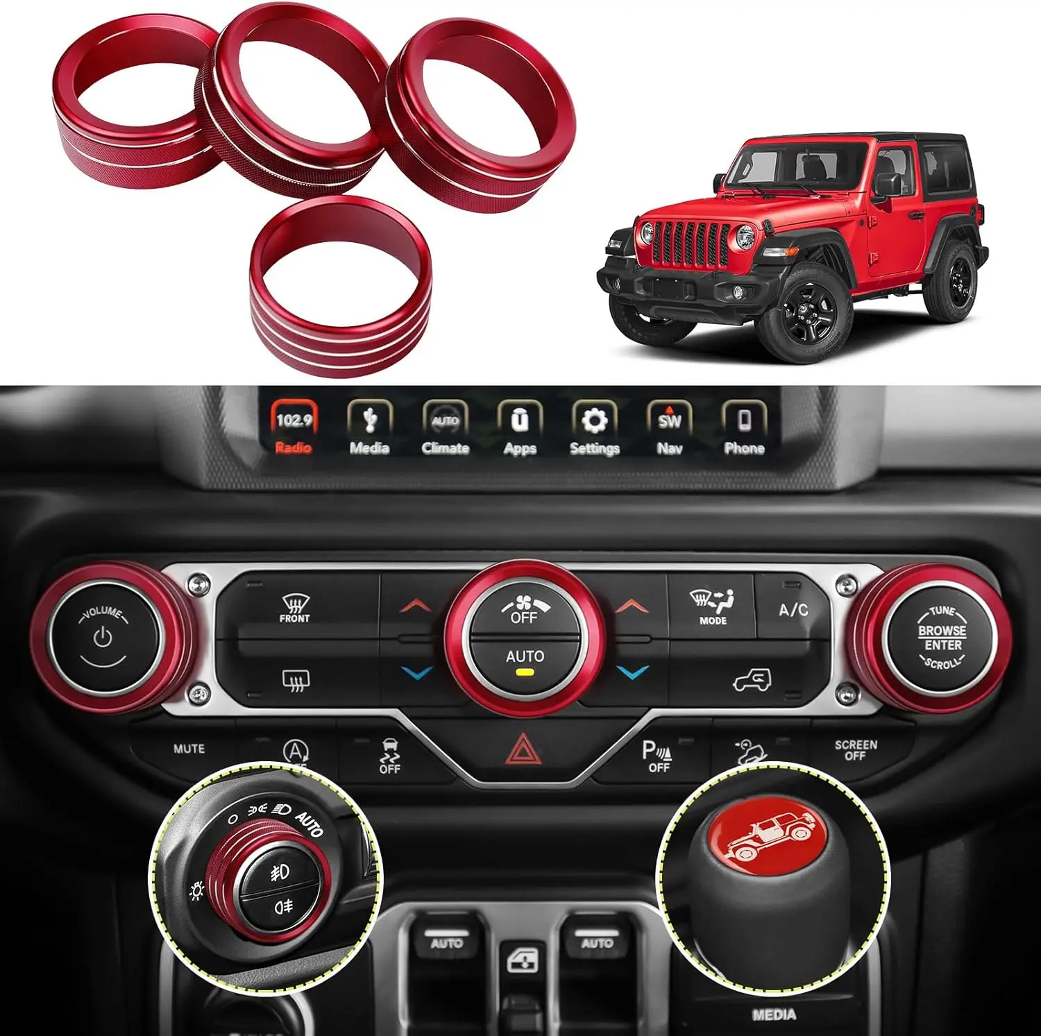 

For Jeep Wrangler JL Jeep Wrangler JL JLU 2018-2025CNC Aluminum 4Pcs Car Air Conditioner Switch Knob Ring Cover Decoration Trim