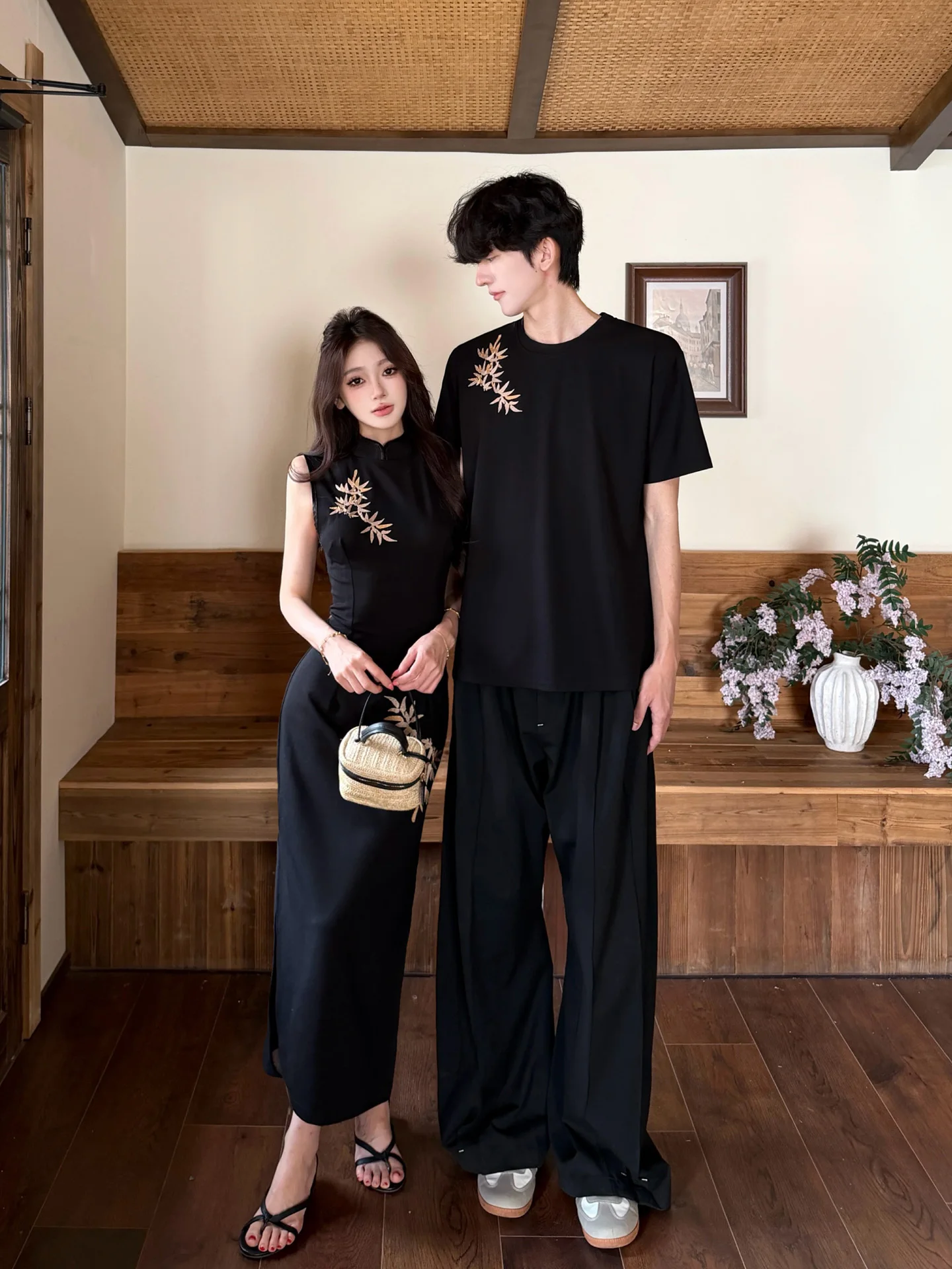 

New Chinese Style Slim Fit Short Sleeve T-Shirt Couple Matching Bamboo Leaf Embroidery Waist Cinching Dress One Skirt One Dress