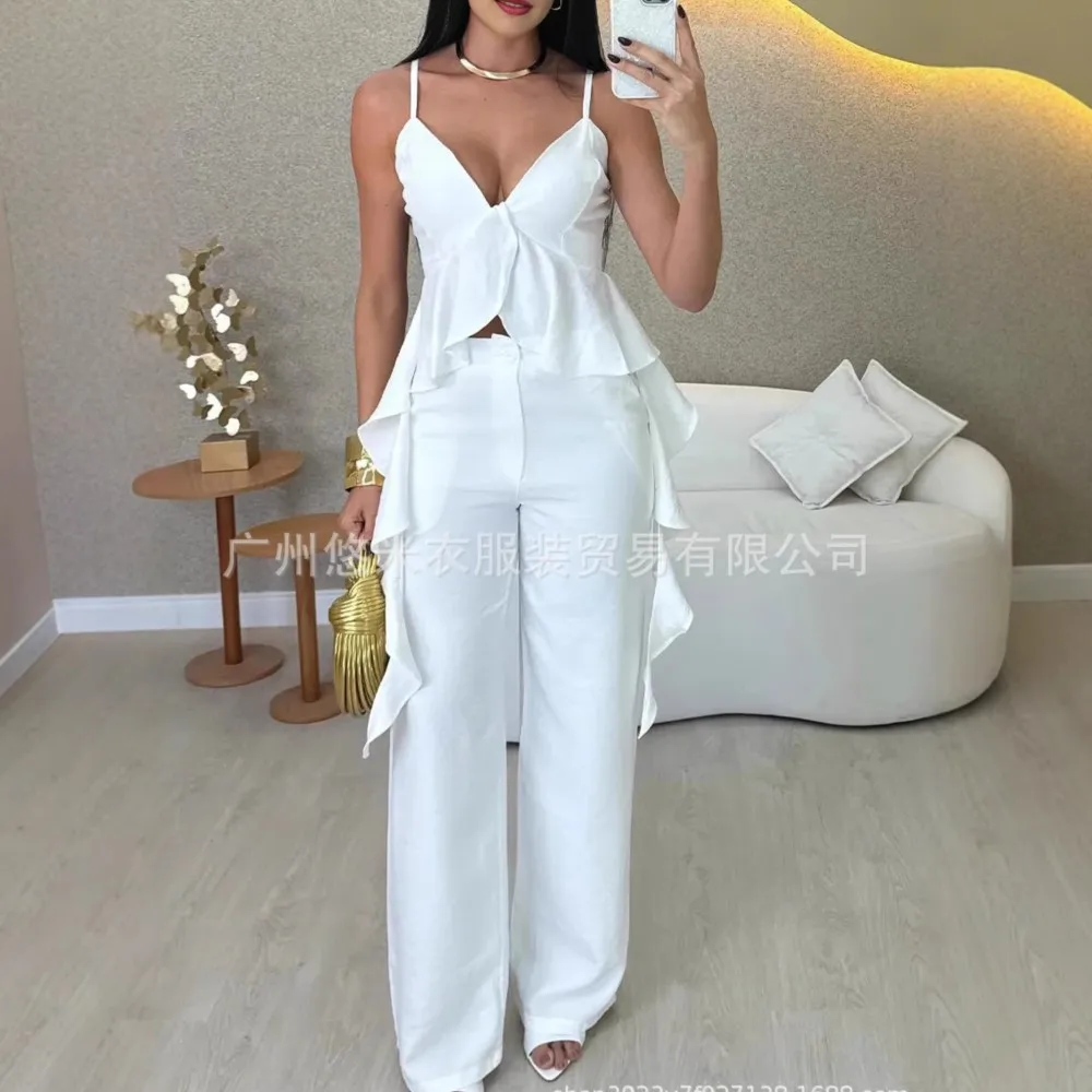 

Fashion Ruffled Long Sexy Halter Tops Set For Women's Summer New Chic Tops Elegant Party Female Trousers 2-piece Set 2025