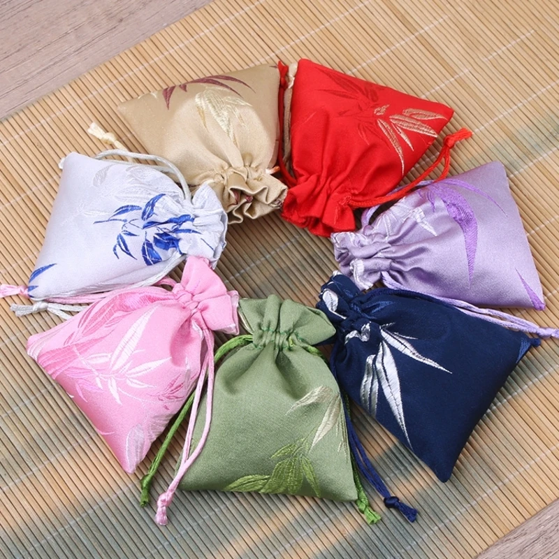 8Pcs Chinese-Style Storage Bags Bamboo Leaf Embroidery Jacquard Brocade Jewelry Banquet New Year Gift Packaging Bags