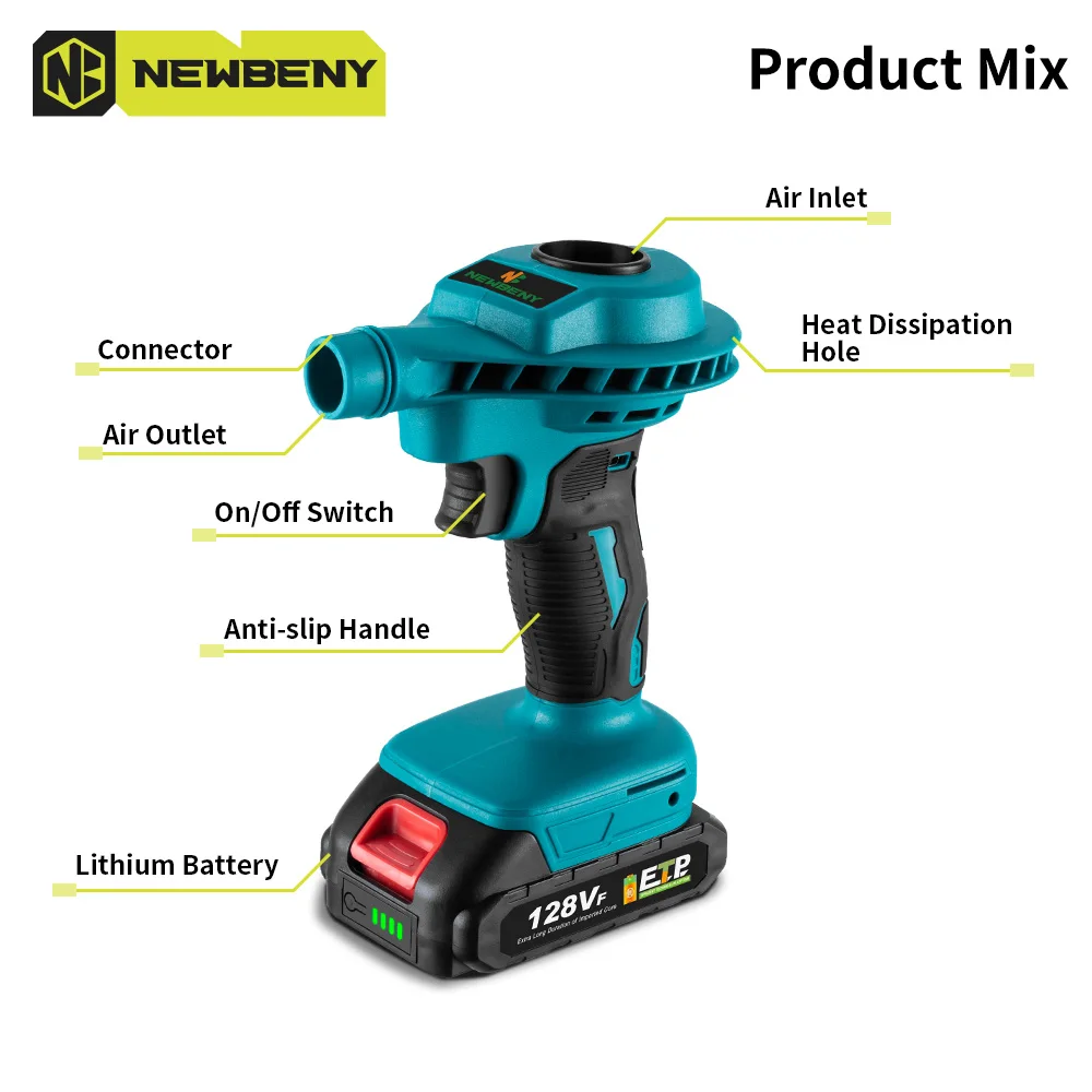 NEWBENY 2 IN 1 Cordless Air Dust Machine Rechargeable Vacuum Clean Inflator Computer Cleaning Power Tool For Makita Battery Pin
