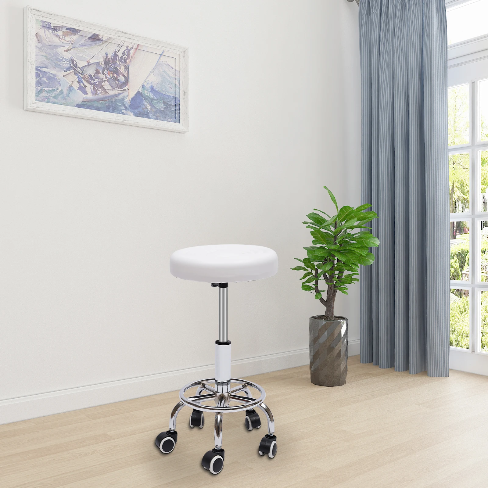 Tabouret Roulant Rond, Réglable avec Roues et 250-500 aux Pieds, Chaise Blanche/Noire, pour Salon de Spa et Énergie