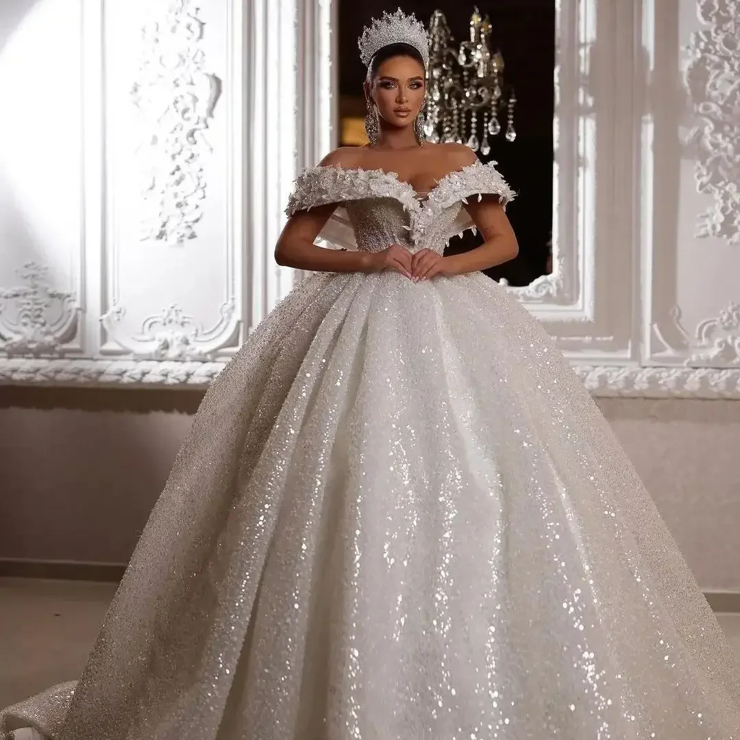 Luxurious Shining White A-line Lace Beaded Women's Wedding Dress Sexy V-neck Off Shoulder 2026 New Bridal Dress Customized