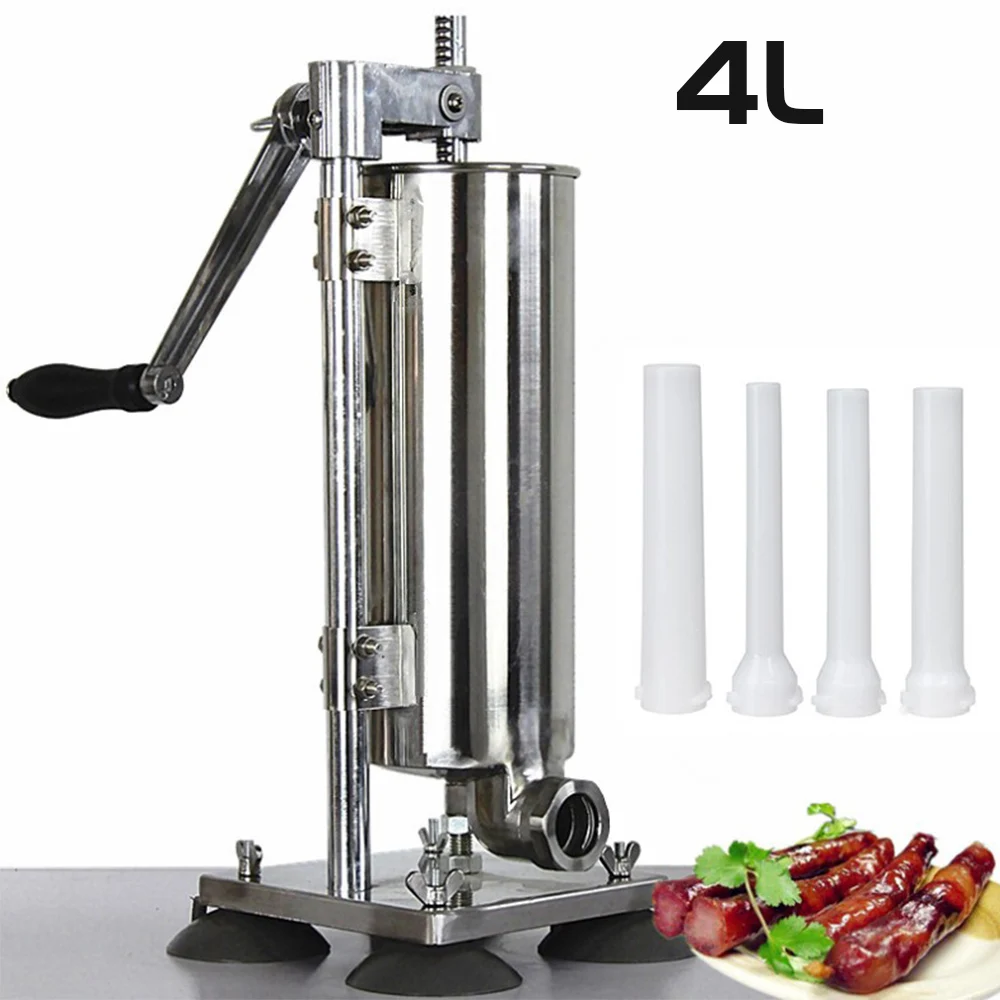 Machine à saucisses 4L, poussoir à saucisses, machine à saucisses professionnelle en acier inoxydable et aluminium, poussoir à viande manuel avec 4 tubes