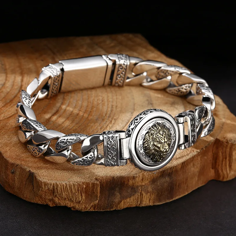 Vintage Two-Tone Lion Head Cuban Bracelet for Men, Scroll Engraved Punk Biker Jewelry