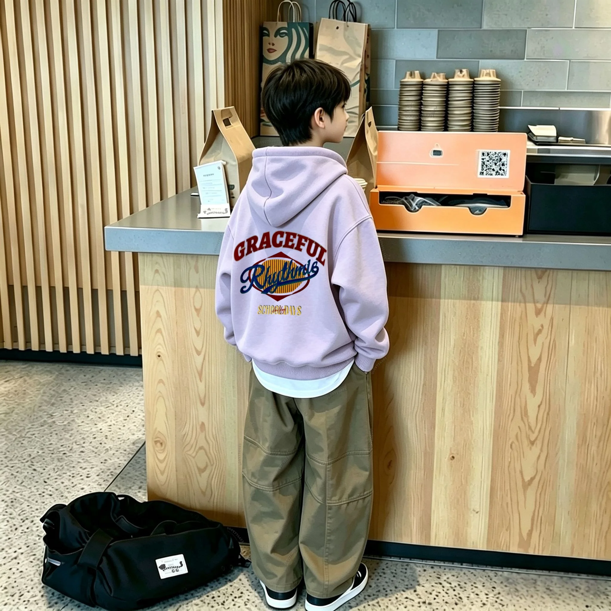 Trend GRACEFUL Retro Lettering Trend Children's Hooded Sweatshirt Loose Oversized Autumn/Winter Daily Warm-Up Top