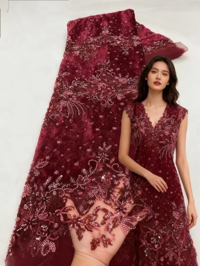 

African Beaded Lace Fabric 2025 High-Quality Red Mesh Groom Embroidered French Velvet Sequins for Women Evening Dresses Sewing